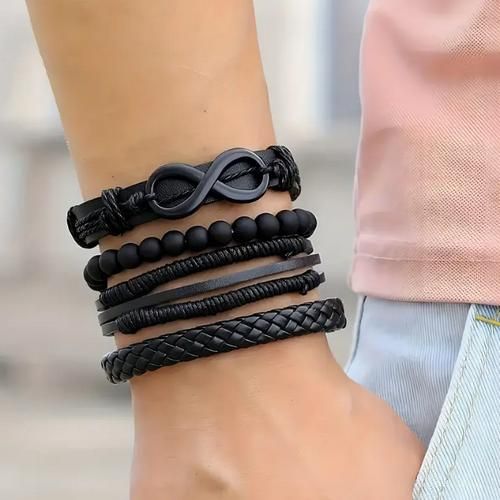 Fashion Men's Multi-Layer Stacked Hand Beads & Leather Wristband Set - Black - image 2