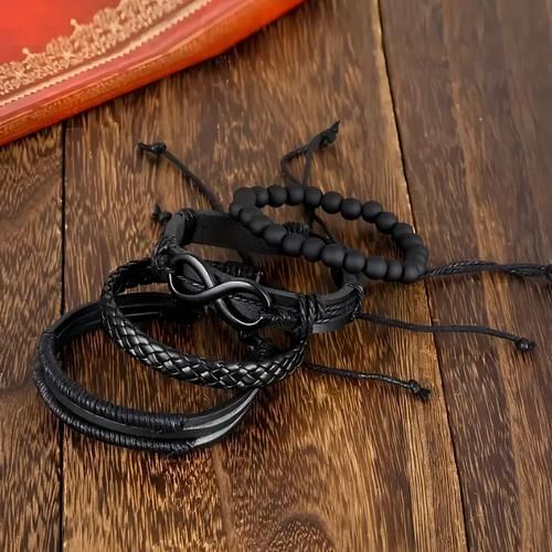 Fashion Men's Multi-Layer Stacked Hand Beads & Leather Wristband Set - Black - image 3