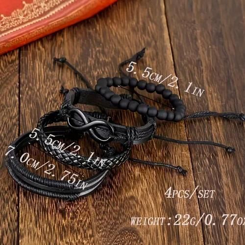 Fashion Men's Multi-Layer Stacked Hand Beads & Leather Wristband Set - Black - image 4
