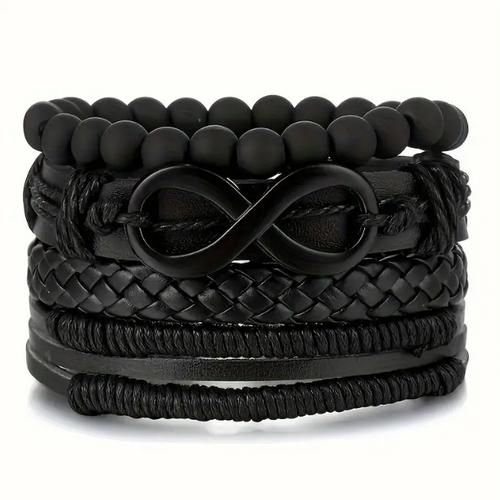 Fashion Men's Multi-Layer Stacked Hand Beads & Leather Wristband Set - Black - image 5