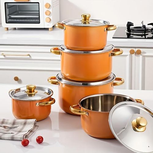 Generic Home Kitchen Cookware Set - 10-Piece Basic Stainless Steel Set, Suitable for Gas and Electric Stoves - Orange - image 3