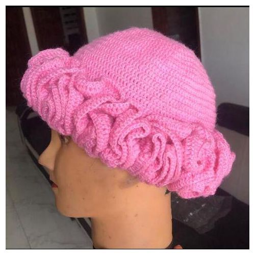 product_image_name-Fashion Collections-Soft and Lovely Pink Ruffle Wool Crochet Bucket Hat for Women – Handmade, Lightweight & Stylish for All-Weather Wear-1