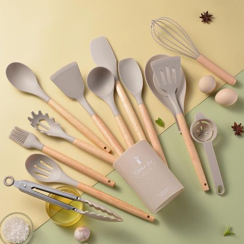 Generic Wood - Handled Silicone Kitchenware Set, Round Bucket