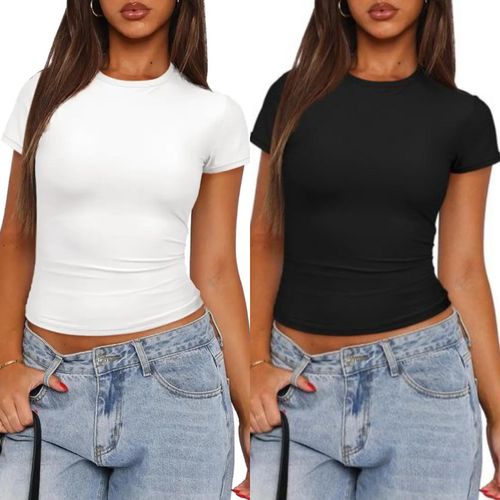 product_image_name-Fashion-Ladies Black & White Basic Short Sleeve Fitted Tops-1