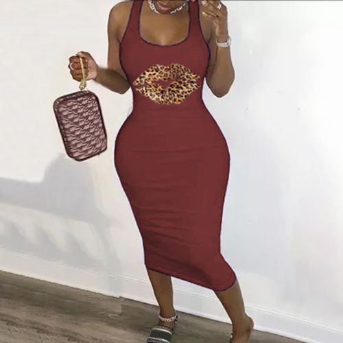 Fashion (Burgundy)New Summer Fashion Leopard Lips Sleeveless Plus Size Dress  Casual Basic Midi Dress Club Bodycon Tight Dresses Women DOU