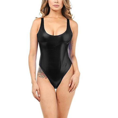 Fashion Plus Size One Piece Swimsuit Glitter High Cut Leotard Lady Faux  Leather Swimwear U-back Backless Bodysuit Summer Beachwear-black