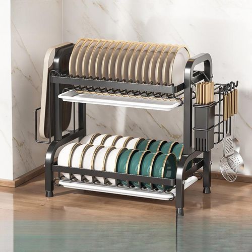Generic Plate Rack Dish Drainer Large Dish Drying Rack For Kitchen Countertop 2-Tiers Black