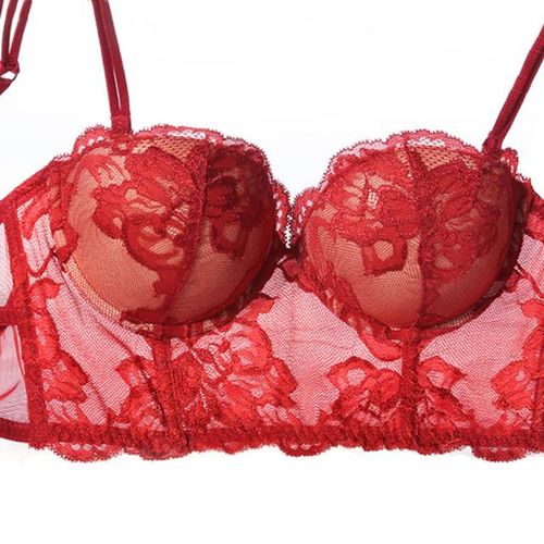 Generic Red Sexy Lingerie Bra Sets Thick Cup Push Up Bras And Transparent  Panties Embroidery Backless Lace Women Underwear Set