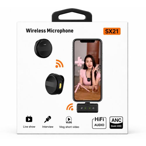 Generic SX21 Dual Wireless Microphone with HiFi Audio & ANC – Compact Lavalier Mic for Live Show, Interview & Vlog