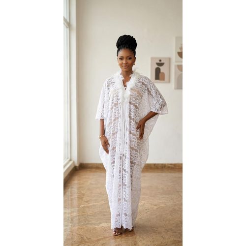 Fashion Luxury White Floral Lace Kaftan Feather Trimmed
