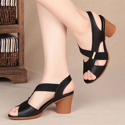 Fashion Women Summer Sandals Platform Round Mid Heel Back Strap Peep Toe Pu  Leather Beach Casual Fashion Shoes Ladies Female Whosale