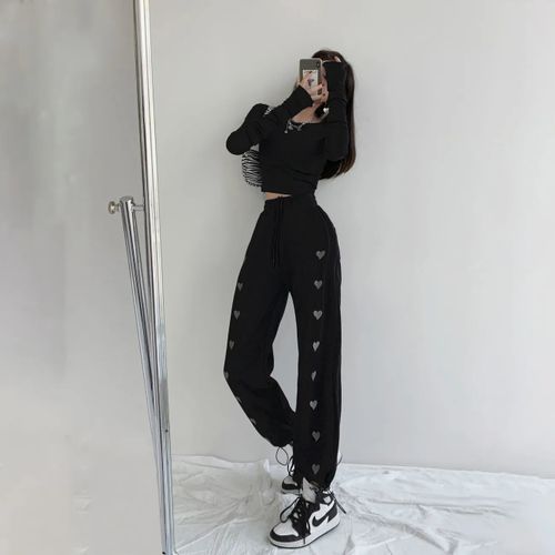 Fashion (Black 2)Heart Pocket Sweatpants Women 2022 Spring Gray Baggy Pants  Ladies Fashion Female Sports Pants Balck Trousers Jogger Streetwear DOU