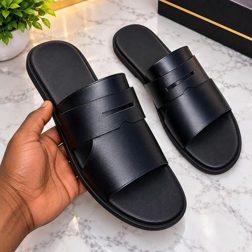 Fashion Best Quality Black Skin Leather Slippers