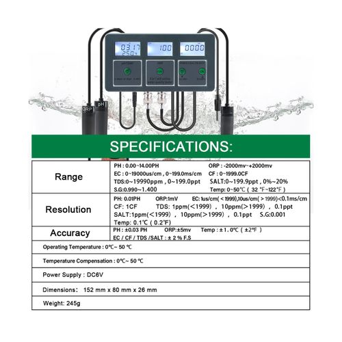 Tuya 8-In-1 Digital WiFi Water Quality Tester PH EC TDS SALT SG