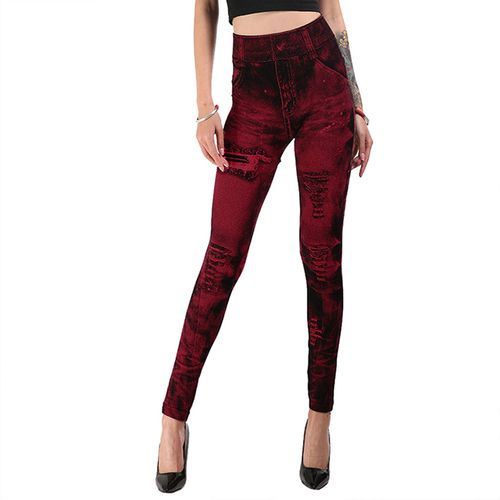 Generic Sexy Faux Jeans Leggings Women Stretch Printed Short Leggins  Calf_Length Pants Summer Breeches High Waist Jeggings(#Style 3-wine Red)