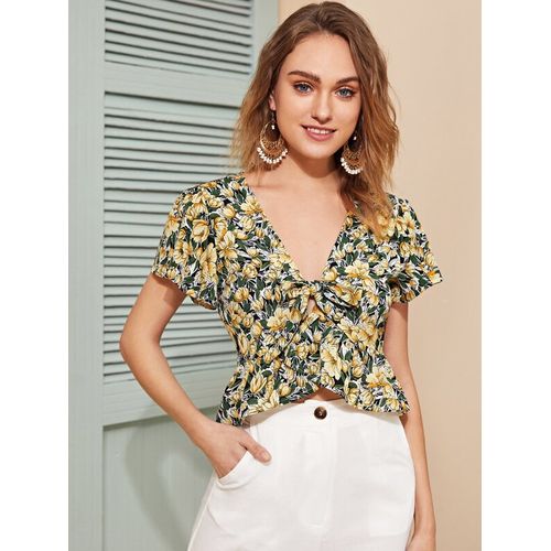 Fashion Yellow Summer Womens Chiffon Y Deep V Neck Blouse Tops Hollow Out Floral Crop Jumia Nigeria