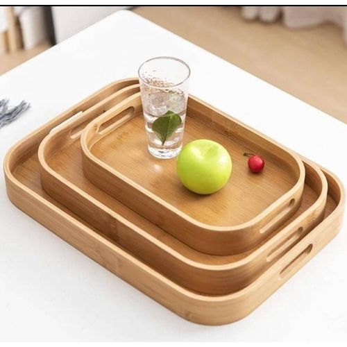 Generic Name: Three Piece Bamboo Wooden Serving Tray Set with Cutout Handles