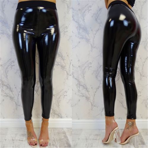 Fashion Women Shiny Leggings Wet Look PU Leather Leggings Black Red Slim  High Waist Skinny Pants(#black)
