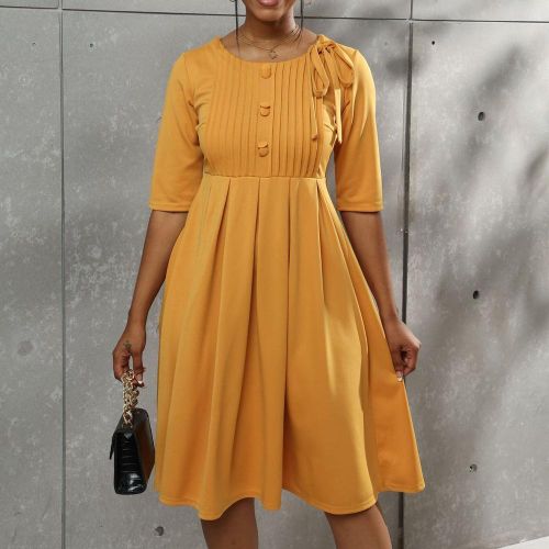 Elegant Solid Color Buttons Patchwork O Neck A Line Dresses