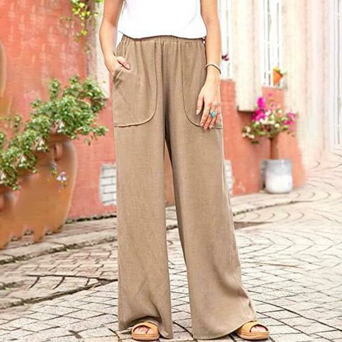 Women Casual Elastic Waist Cotton Linen Look Wide Leg Pants Summer