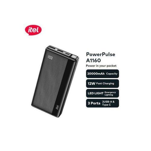 Generic itel 20000mAh PowerPulse Power-Bank 12W Fast Charging With Torch,TypeC,+free Cable