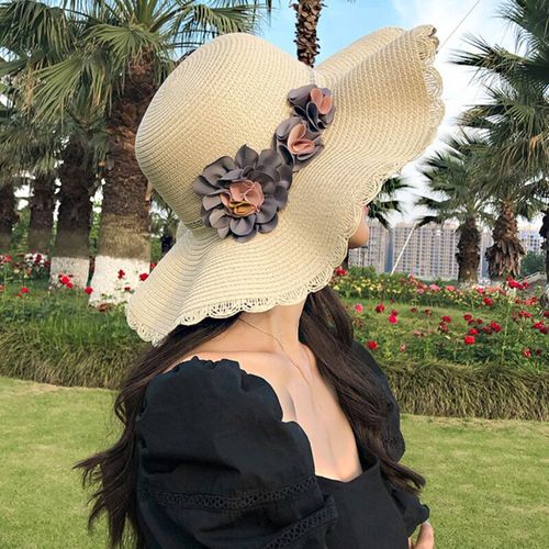 Fashion (M 56-58cm) HT3147 Fashion Straw Hat Big Flower Band Wide Brim Hat  Women Floppy Summer Sun Hat Ladies Beach Cap Female Packable Beach Hat