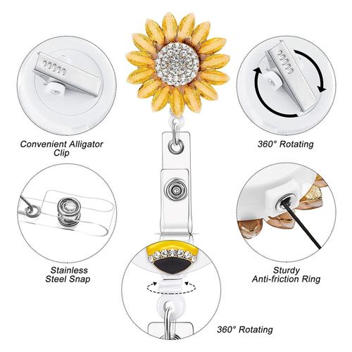 2 Sets Badge Holder Reel,Badge Reel with Alligator Clip 24 inch Retractable  Cord, Cute Sunflower Clip-On ID Card Holder for Nurse Doctor Teacher