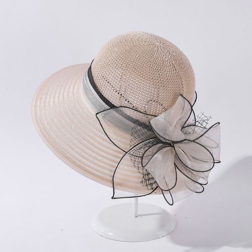 Fashion （Beige）New Flower Summer Sun Hats For Women Beach Organza Tea Party  Hat Elegant Ladies Church Suncreen Wide Brim Beach Hat Fedoras DON