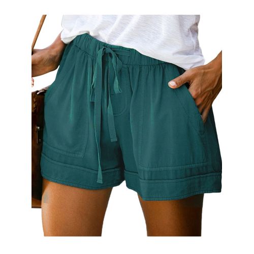 Fashion 12 Colors Casual Women Short Pants Simple Drawstring Pockets Summer  Elastic Waist Loose Home Streetwear Ladies Pant-Green