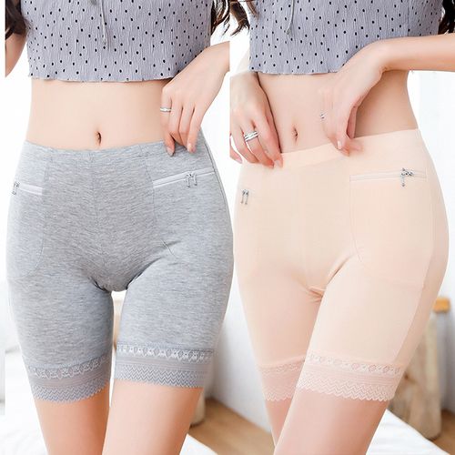 Fashion (Zip Gray)Safety Short Pants Plus Size High Waist Safety Elastic Shorts  Under Skirt With Pockets Female Push Up Thin Lace Safety Shorts DOU