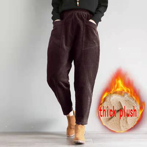 Fashion (Coffee Thick Plush)Lucyever Autumn Winter Thick Plush Warm Pants  Women Vintage Elastic Waist Brown Corduroy Pants Woman Casual Loose Harem  Trousers XXA