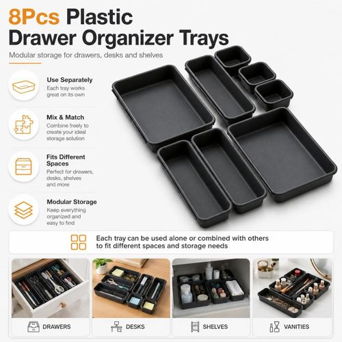 Generic 8Pcs Plastic Drawer Organizer Trays for Makeup, Desk, Kitchen & Office Storage - image 2