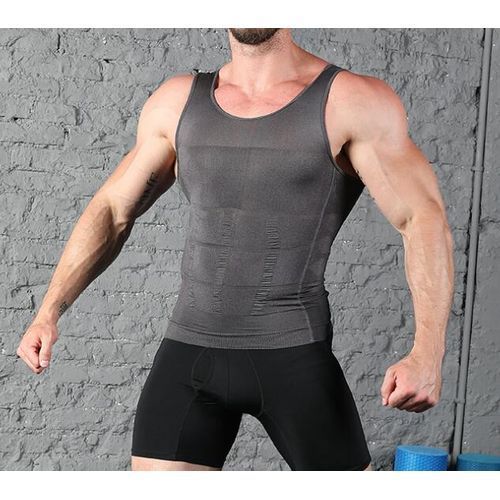 Fashion Mens Compression Shapewear Tshirt Body Shaper Chest Binder Shirt  Slimming Waist Tummy Trimmer Body Top(#Black)