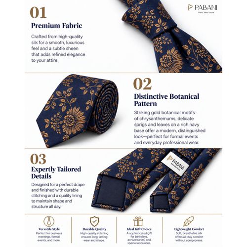 PABANI Pabani Premium Navy Gold Floral Mens Silk Tie For Weddings - image 3