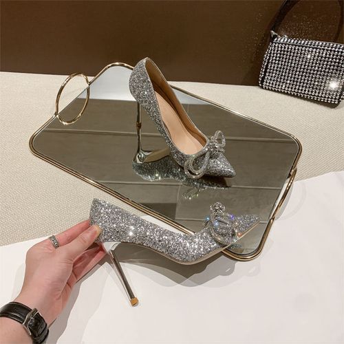 Fashion Beautiful Elegant Shiny Rhinestone Bridal Wedding Stiletto Heels  -Silver