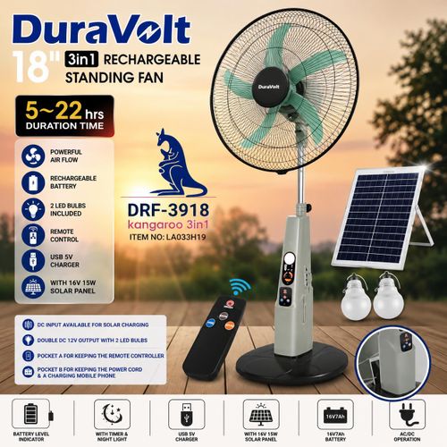Duravolt  18-Inch 3-in-1 Rechargeable Kangaroo Standing Fan (Model: DRF-3918) + solar panel