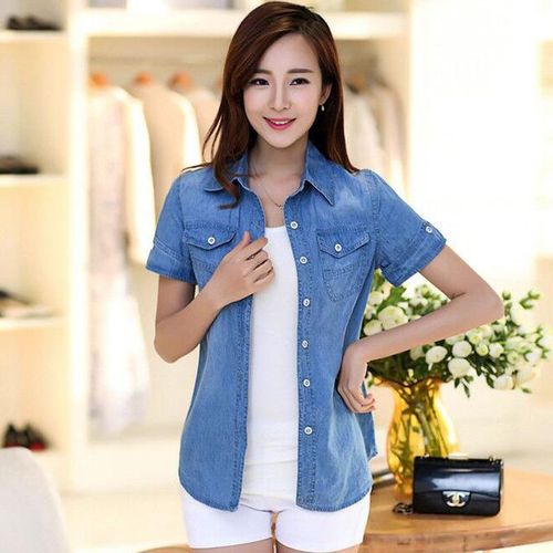 Generic Tunic 2020 Women Clothing Pockets Blouse Short Sleeve Summer Denim  Shirt Vintage Water Washed Jeans Shirt Social Ropa Mujer