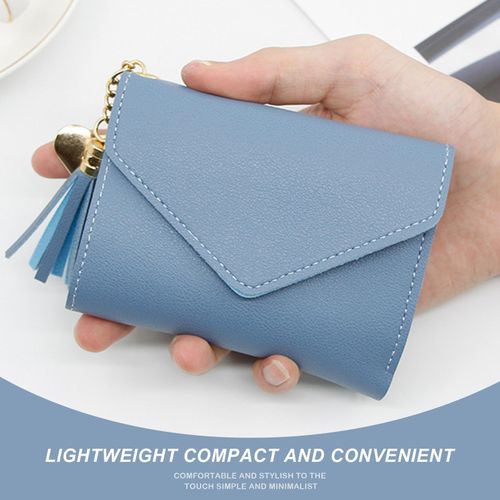 product_image_name-Fashion-Women’s Blue Short Wallet – Envelope Flap, Heart Tassel Charm, Multi-Card Organizer-1