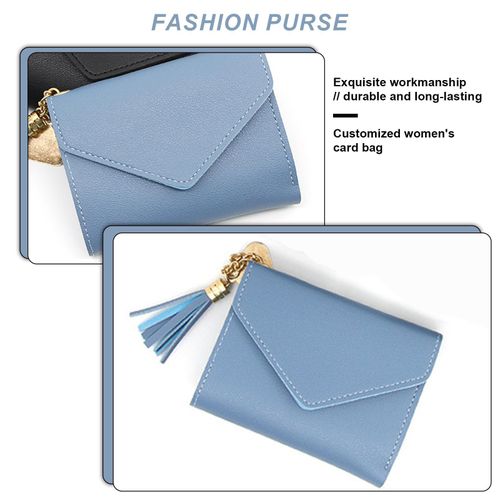 product_image_name-Fashion-Women’s Blue Short Wallet – Envelope Flap, Heart Tassel Charm, Multi-Card Organizer-2