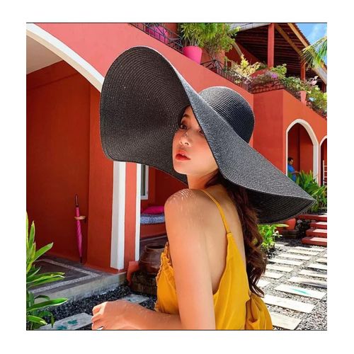 product_image_name-Fashion-BLACK WONEN OVERSIZED BIG BEACH STRAW HAT FOLDABLE SUMMER HAT -1