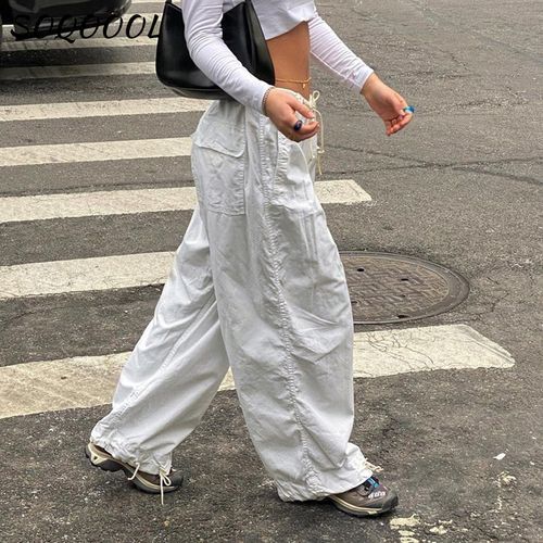 Fashion (White A)Hippie Y2K Cargo Pants Women Low Waist Sweatpant Drawstring  Pockets Baggy Wide Leg Trousers Korean Vintage White Parachute Pants DOU