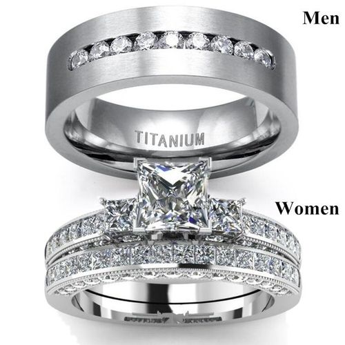 Fashion Luxury White Diamond Wedding Ring Complete Couple Set -plated ...