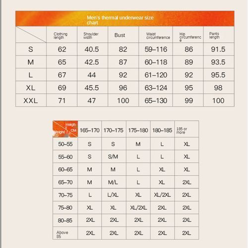 Thermal Underwear Size Charts /