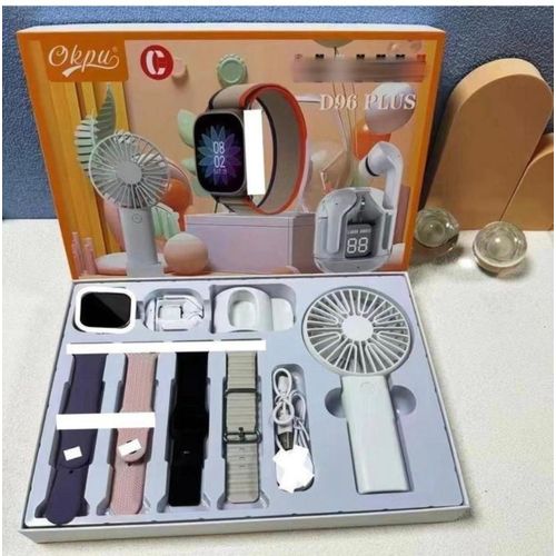 Generic Smart Fit New D96 Plus Complete 9 In 1 Smart Watch With Mini Fan, Earpod And Multiple Strap