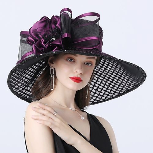 Fashion Women 16cm Wide Brim Flower Mesh Sun Hat Lady Bow Summer