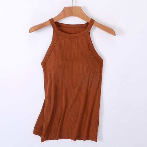 Fashion (Khaki)Tank Top Women Summer O-Neck Sleeveless Padded Bra Camisole  Ladies Casual Slim Solid Bralette Chest Pad Camis Vest WEF