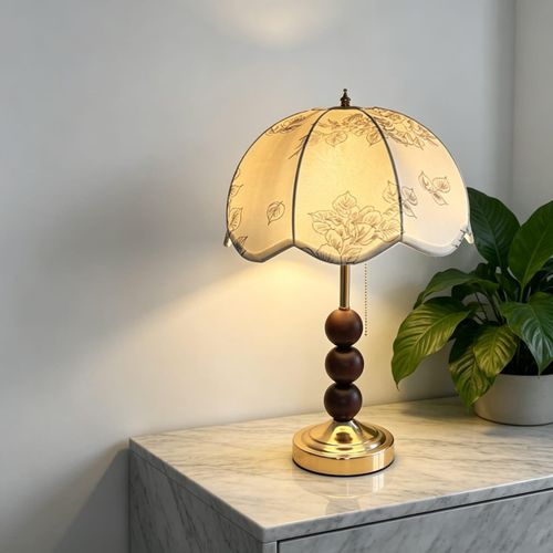 Generic Vintage Floral Scalloped Table Lamp – Wooden Beaded Stem & Brass Base