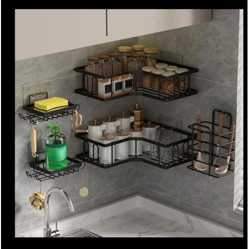 Generic 5PCS Wall Mounted Bathroom Storage Rack Set – Self Adhesive Corner Shelf Organizer, No-Drilling Large Capacity Kitchen Organiser, Utility Rack - image 3