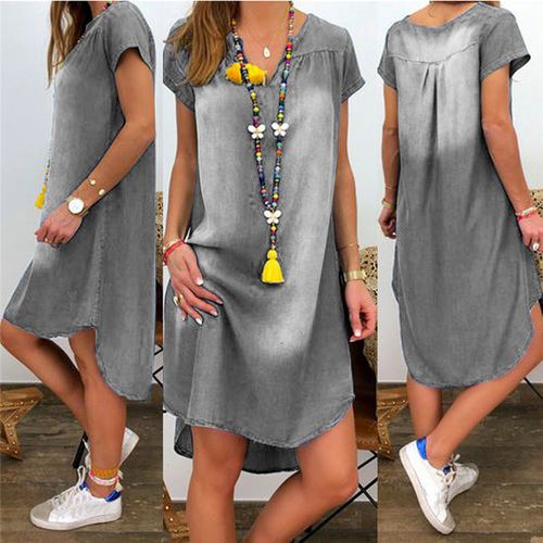 Fashion (grey Short Dress)Summer Denim Dress For Women Casual Spring Blue  V-Neck Half Sleeve Maxi Dresses Plus Size Split Long Dresses Vestidos 5XL  MAA