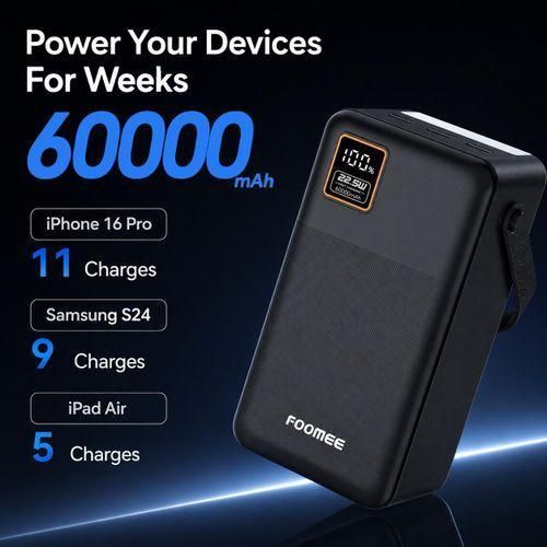 FOOMEE AF60 60,000 mAh 22.5w Fast Charging Power Bank with Flashlight, Type-C, Built-in Strap - image 2